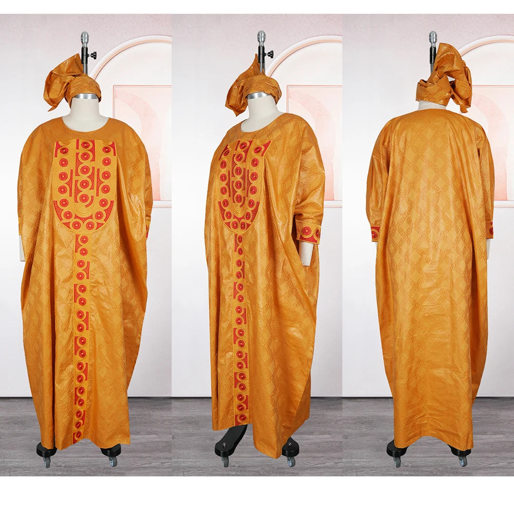 African Men's Traditional Agbada Sets 3PCS Yellow Bazin Riche Embroidery Wedding Party Couple Suits boubou
