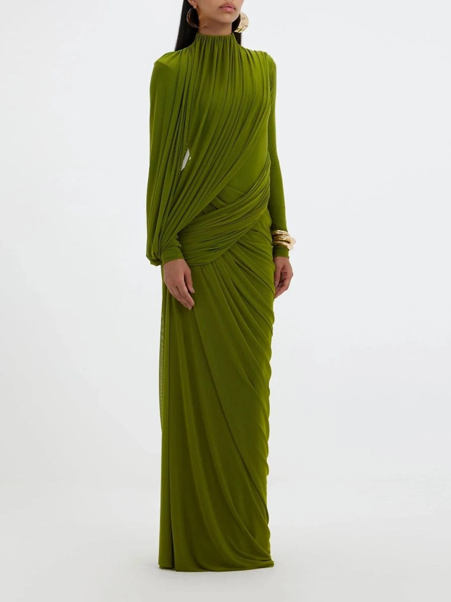 Women's Elegant Vintage Spliced Ribbon Turtleneck Long Sleeve Evening Maxi Dress