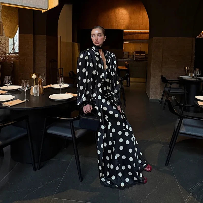 Polka Dot Skirt 2 Piece Set Women Casual High Collar Tie Full Sleeves Elastic High Waist Long Skirt Suit Lady Daily Outfit New