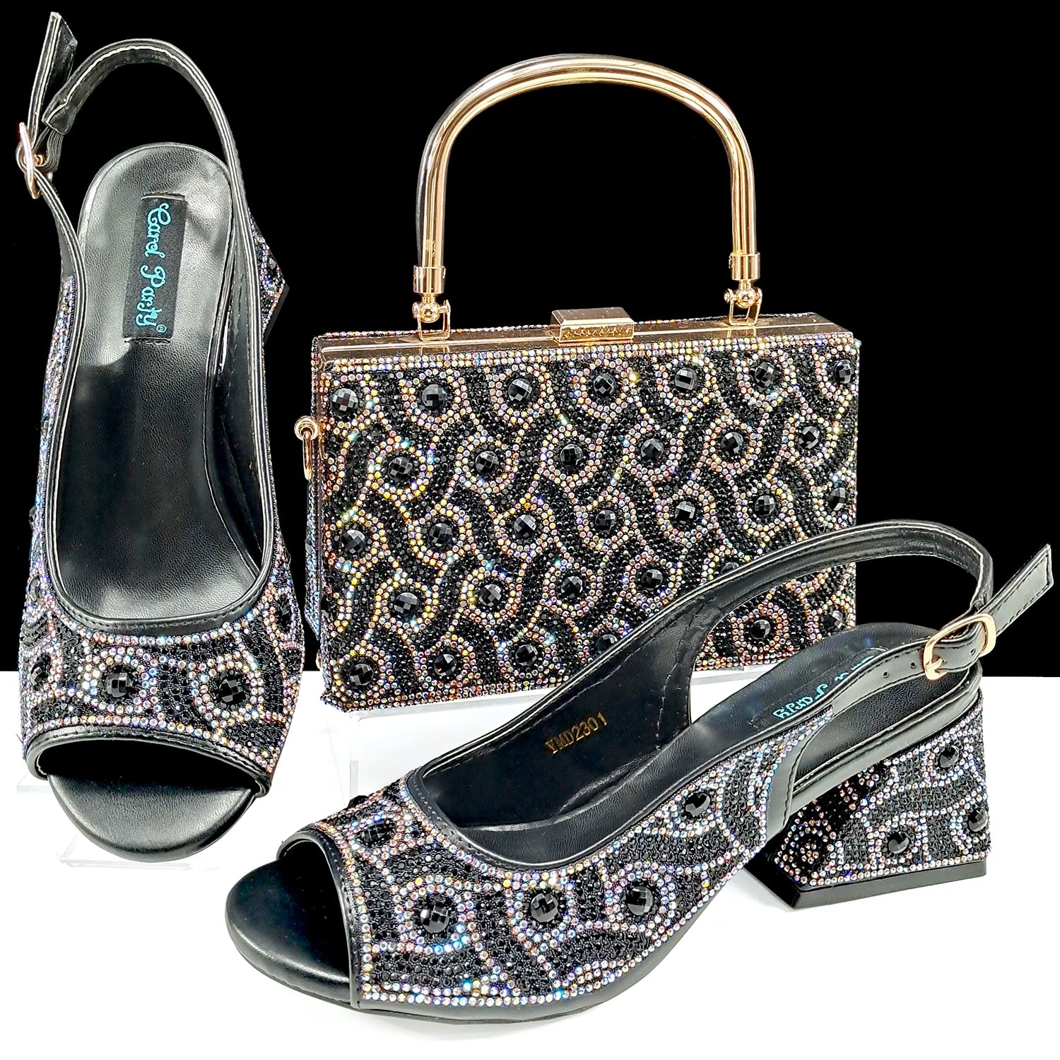 Women's Rhinestone Design Shoes and Bag Set Open Toe Comfortable Heels