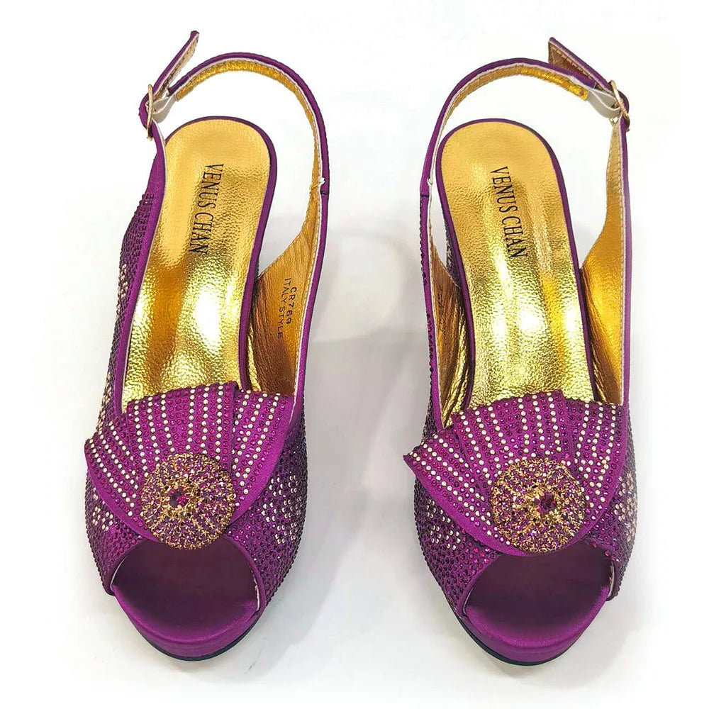 Italian Design Girly Style Golden Color Wedding Shoes And Bag Full Diamond Decoration Metal Closure Bags