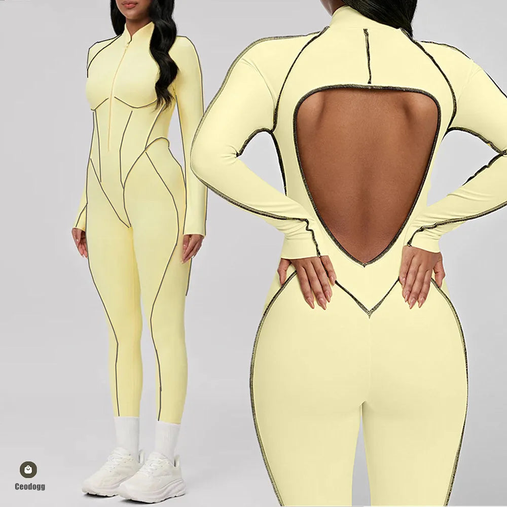 Yoga Set Sports Fitness Hollow Back Skinny Women One-Piece Jumpsuits Workout Legging Clothing Gym Bodysuit  XP83