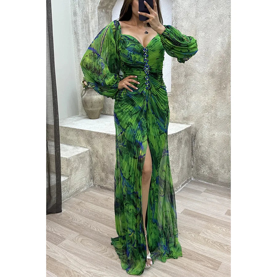 Women Floral Lantern Long Sleeve Dress Elegant Rhinestone Off Shoulder Maxi