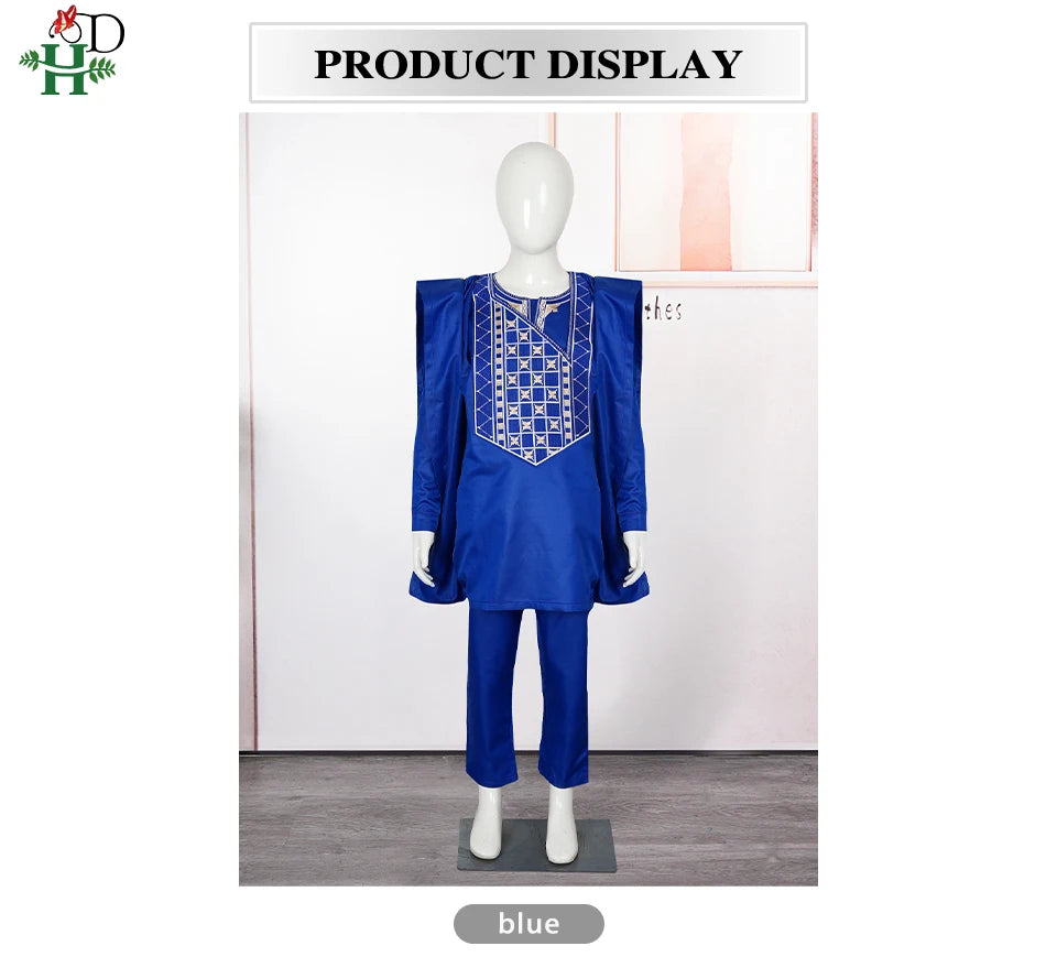 Boys White Blue Long Sleeve Tops Embroidery Dashiki Robe Shirt And Pant Set 3 PCS