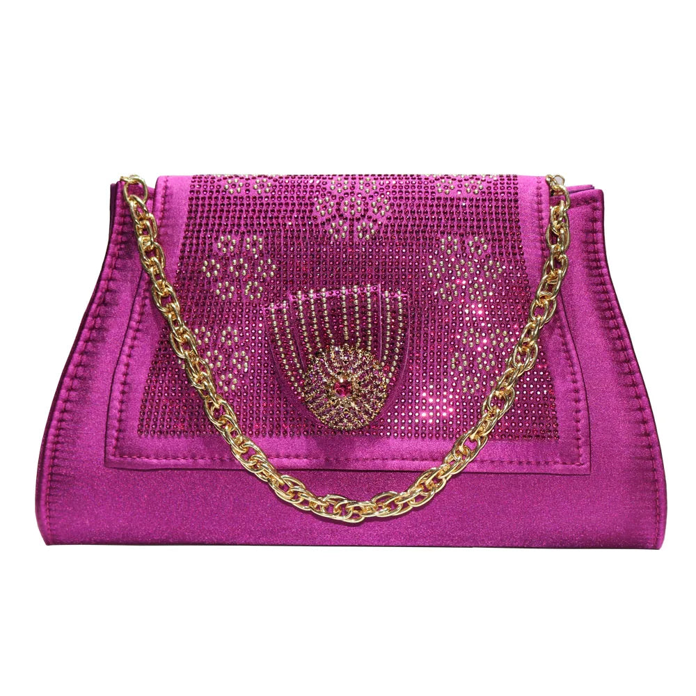 Italian Design Girly Style Golden Color Wedding Shoes And Bag Full Diamond Decoration Metal Closure Bags