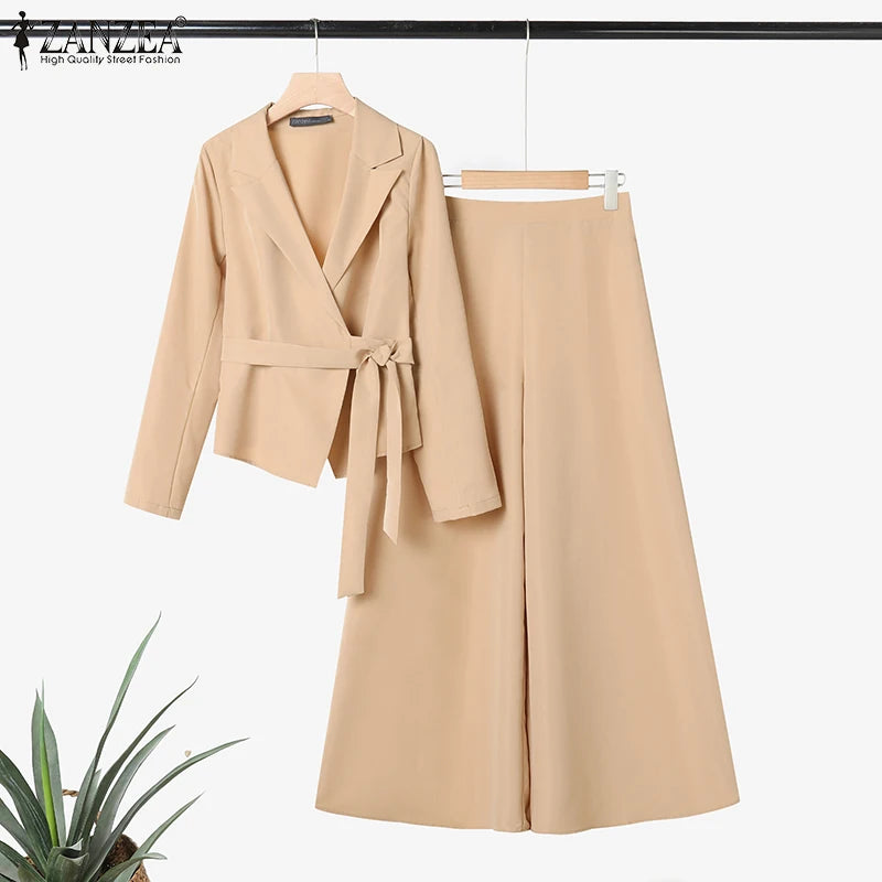 ZANZEA Elegant 2 Pieces Pant Sets Long Sleeve Belted Lightweight Blazer & Wide Leg Pant 2pcs Suits Office Lady Commuting Sets