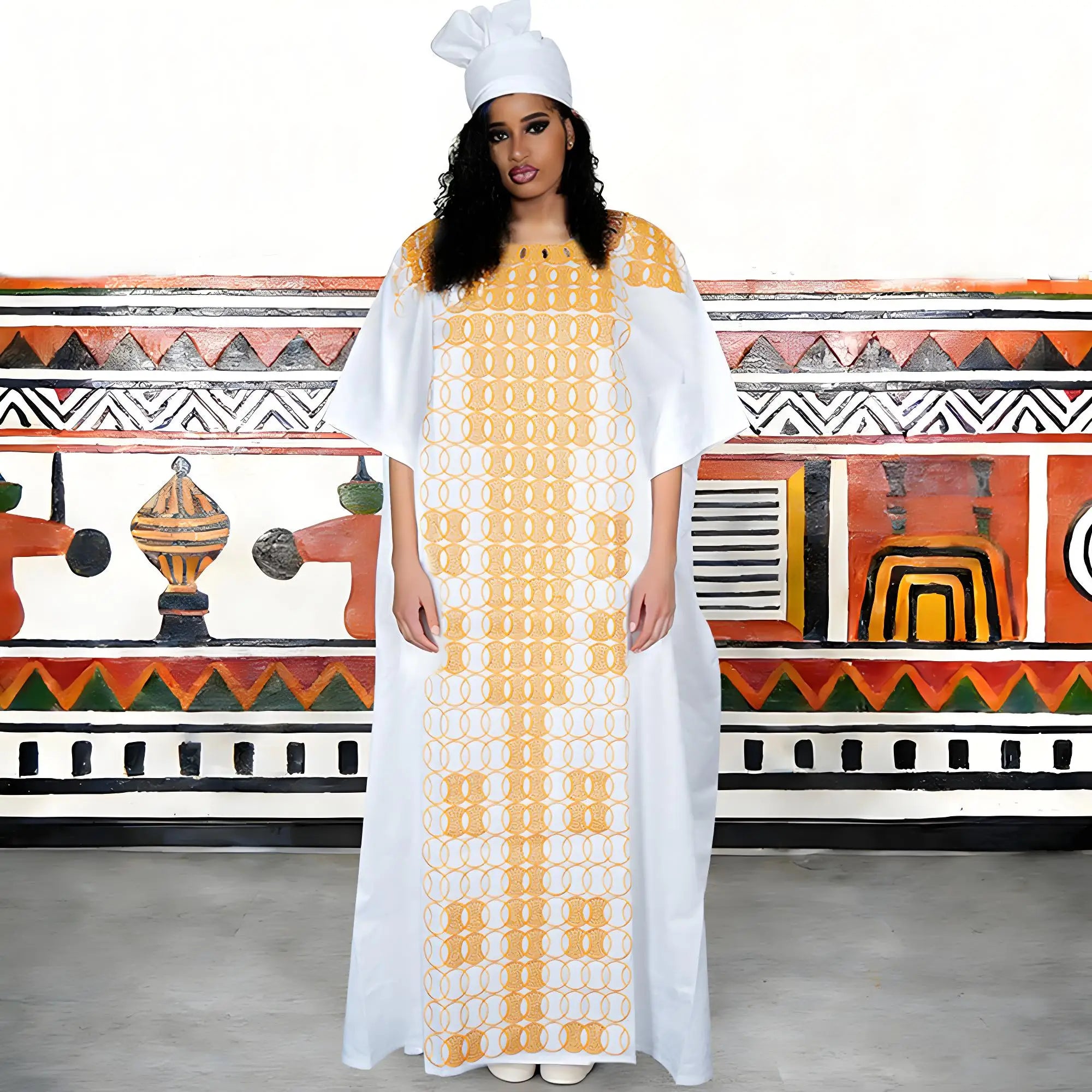 Women's Dashiki Ankara Bazin Riche Embroidery Dress & Headscarf | Wedding & Party