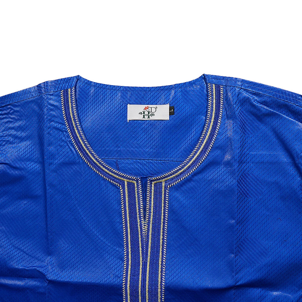 Men's African Agbada 3-Piece Set | Blue Bazin Riche Embroidery Shirt & Trousers | Wedding & Party