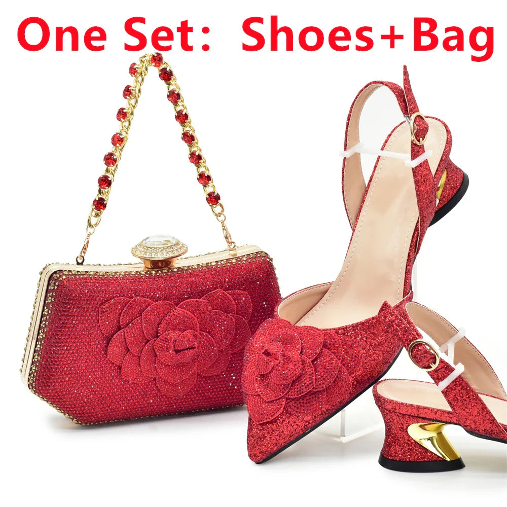 Women's Shoe and Bag Set Latest Luxury Italian Rhinstone Design for Wedding and