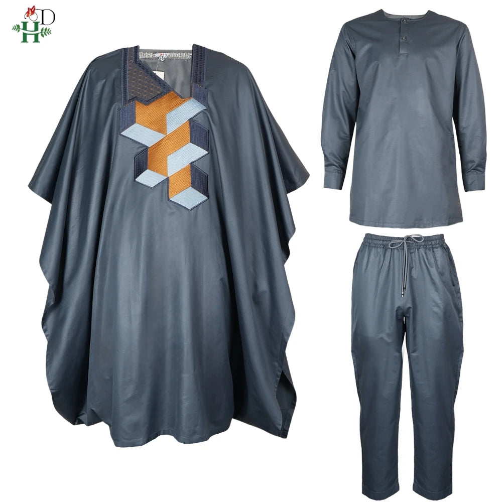 Men's 3-Piece African Embroidery Set | Gray Plus Size Traditional Wear 2025