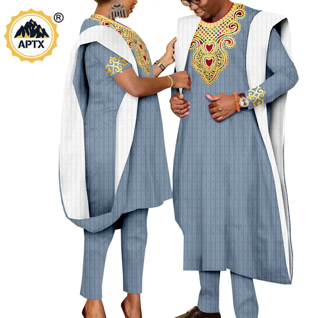 African 3 Pieces Suit for Men Matching Couple Outfits Agbada Dashiki Women Muslim Sets Bazin Riche Applique Robes Asoebi Y23C029