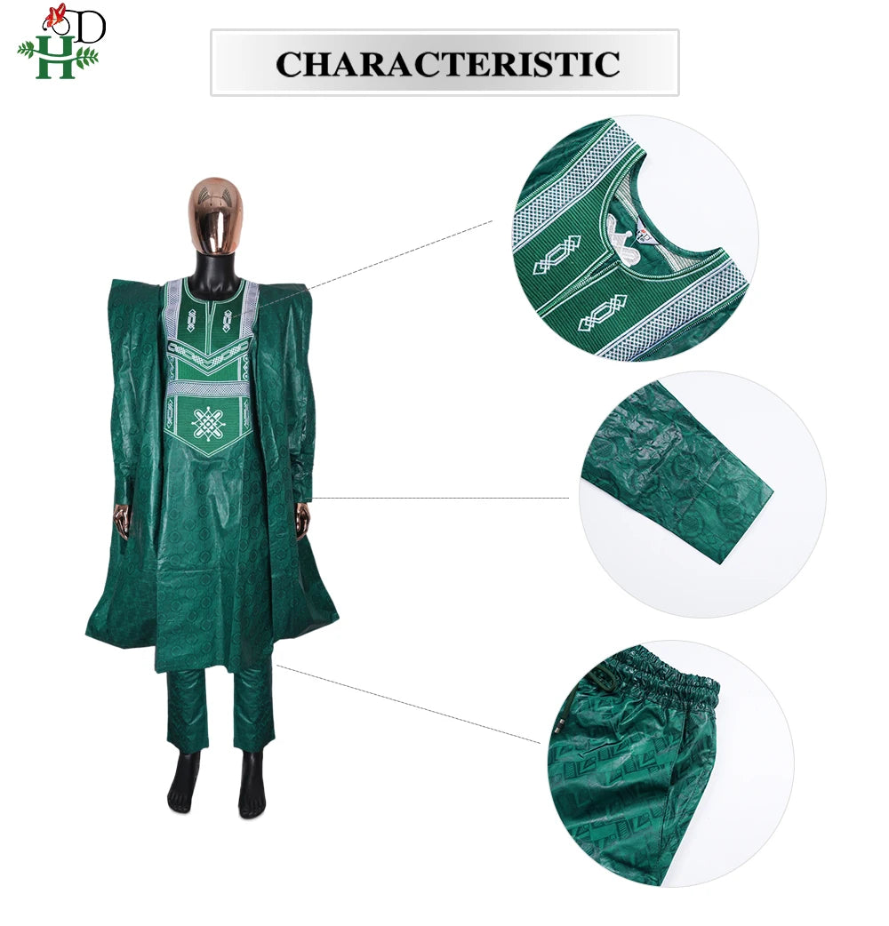 Men African Traditional Embroidery Wear Formal Attire Bazin Riche Dashiki Outfits Shirt Pants 3PCS Robe Suit African Ramadan
