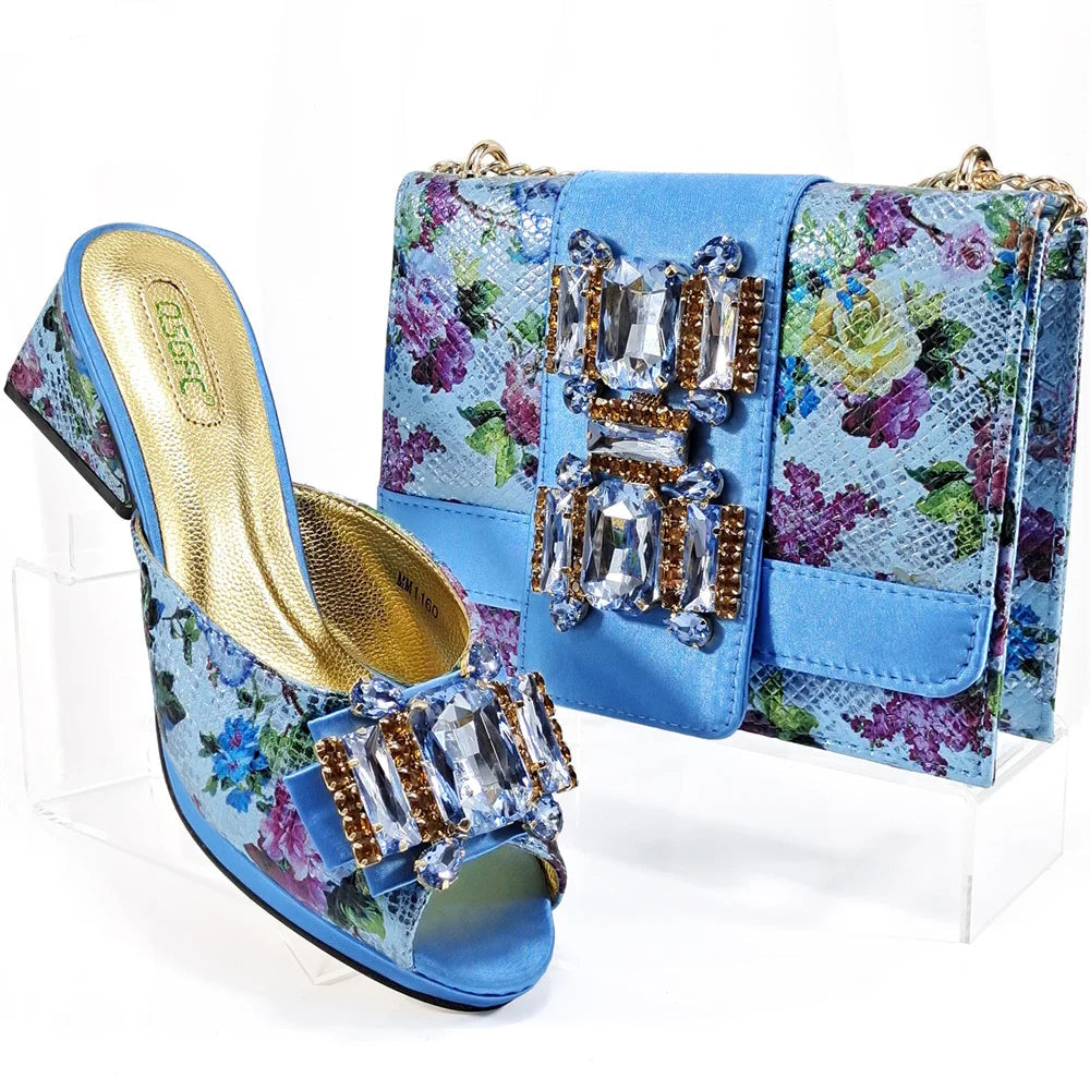Italian New Arrivals Shoes and Bag Set in Green Color High Quality Specials Design Slipper with Crystal for Wedding Dress