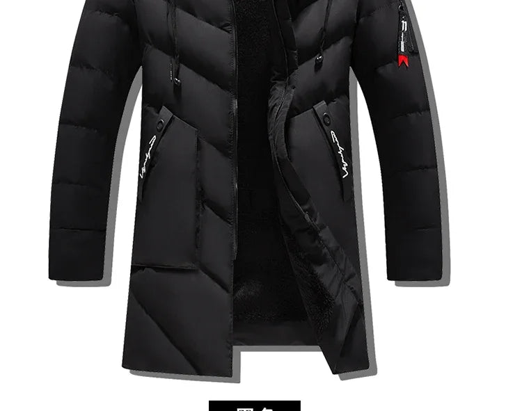 Men's Winter Thick Cotton Parka Casual Long Coat with Removable Hat Slim Fit Warm And Comfortable