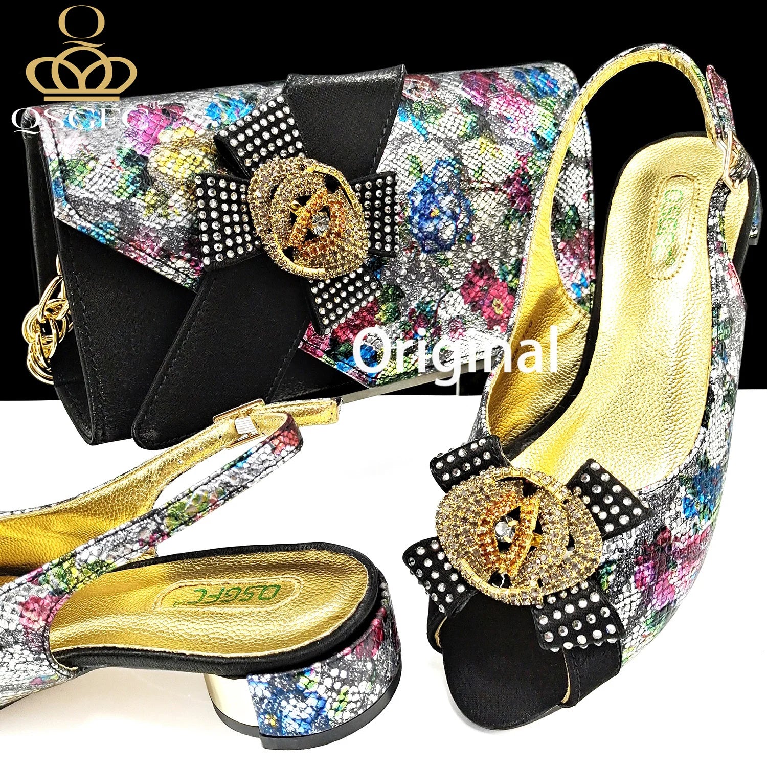 QSGFC Italian Design Shoes and Bag Matching Set Women Low Heel  Nigeria Party Wedding bigger size shoes