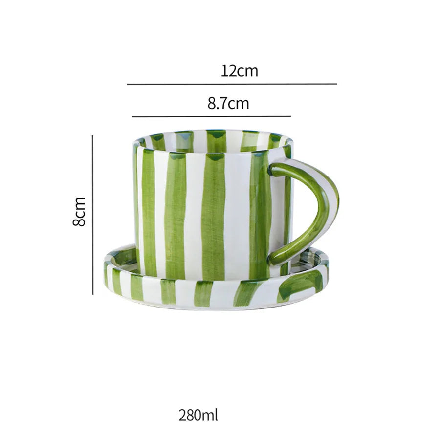 Minimalist Striped Ceramic Cup & Plate Set | 280ml Coffee Tea Cup |