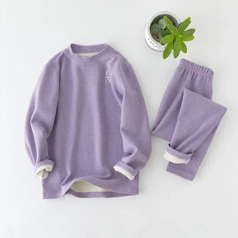 Boys Thermal Fleece Thermal Underwear 37°C Constant Temperature Warm Two-Piece Winter Pajamas Set Unisex Kids Long Johns for Ages 7-13