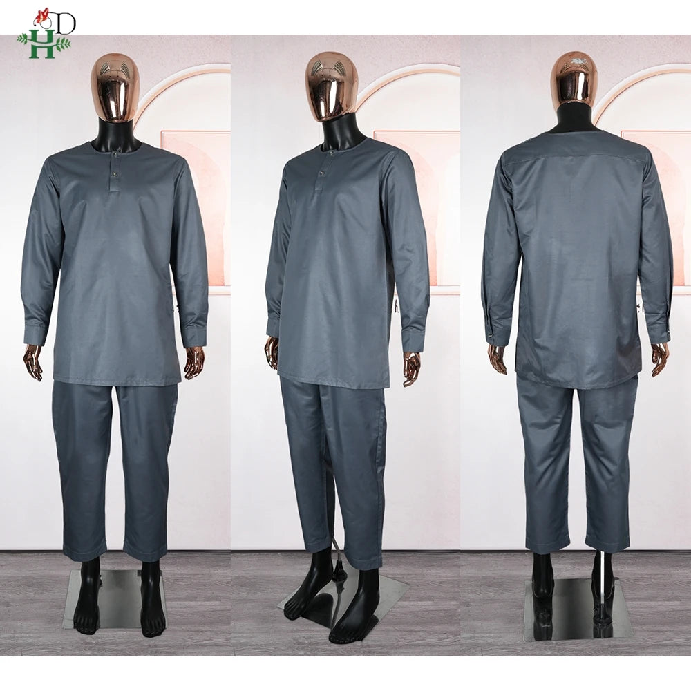 Men's 3-Piece African Embroidery Set | Gray Plus Size Traditional Wear 2025