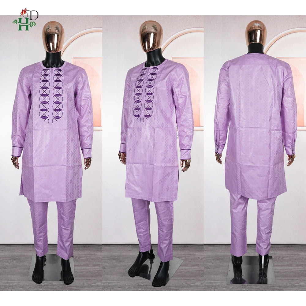 Men's African Agbada 2-Piece Set | Purple Bazin Riche Embroidery Suit | Wedding & Party
