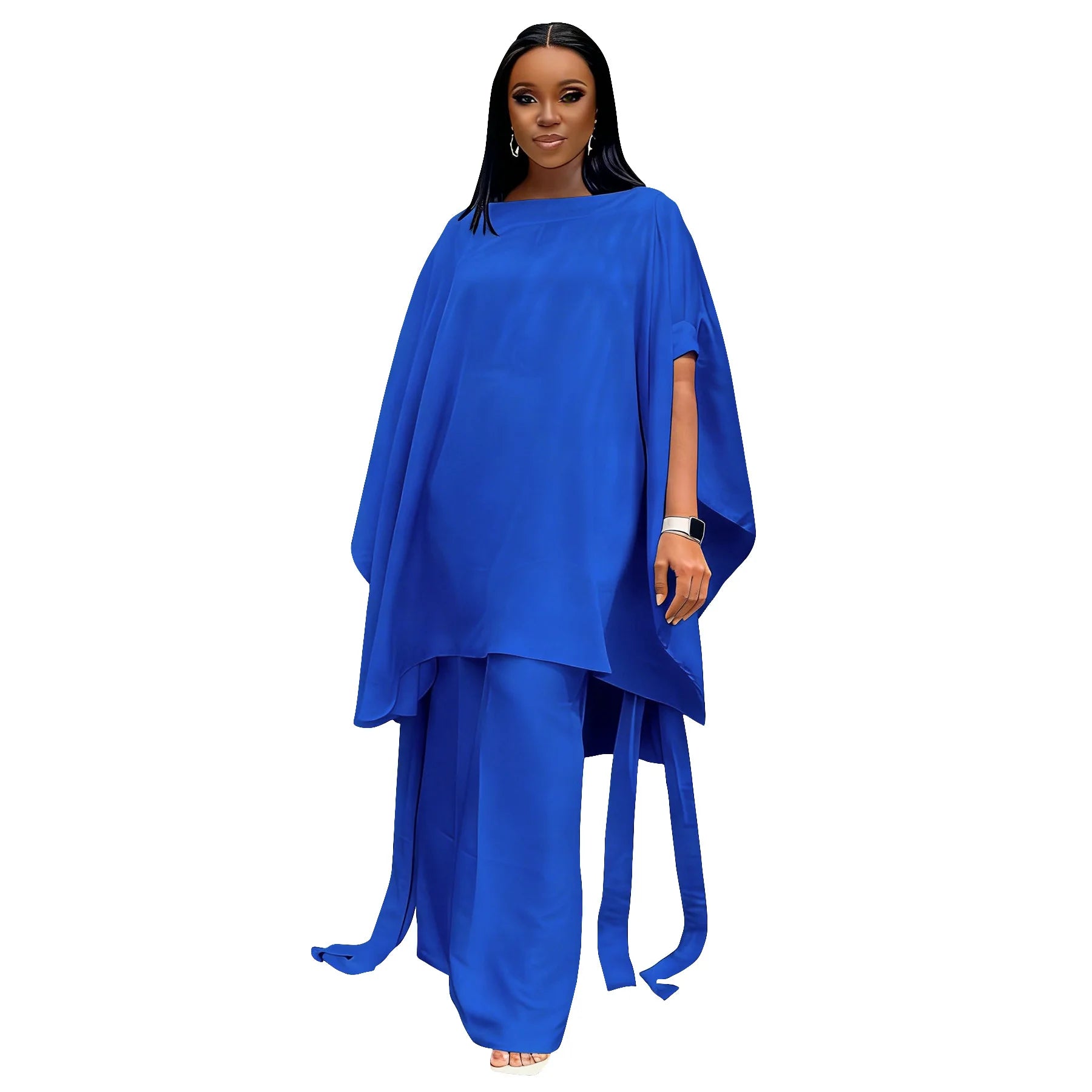 Plus Size Summer N8172 Silk Satin Set Design Shoulder Shawl Top Wide Leg Pants Outfit Elegant Street Style for Women Universa...