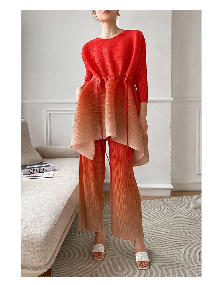 Miyake Fold Suit for Women 2024 Spring Summer Loose Foreign Style Two-piece Fashion Meat Shield Wide-leg Pants Two-piece Set