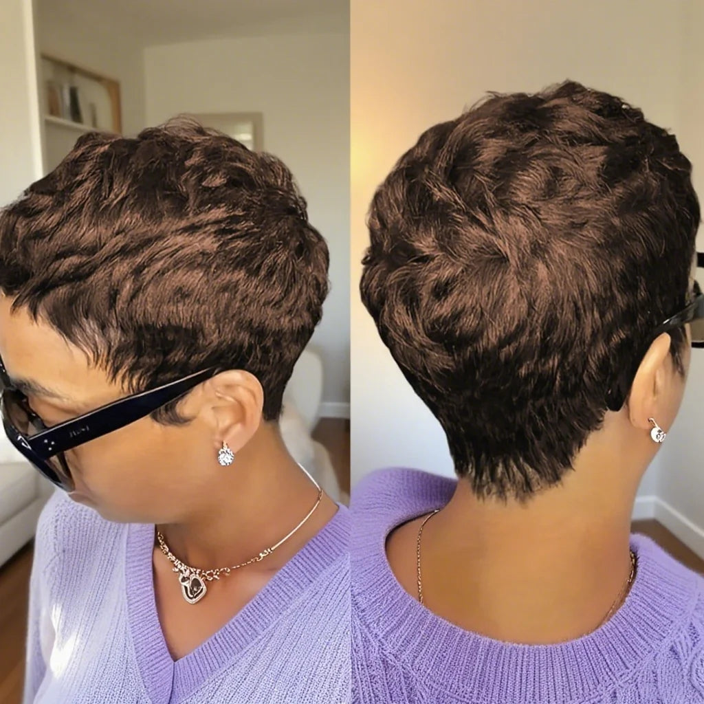 Short Pixie Cut Wig  With Bangs Human Hair 180 Density For Women Machine Made Wig