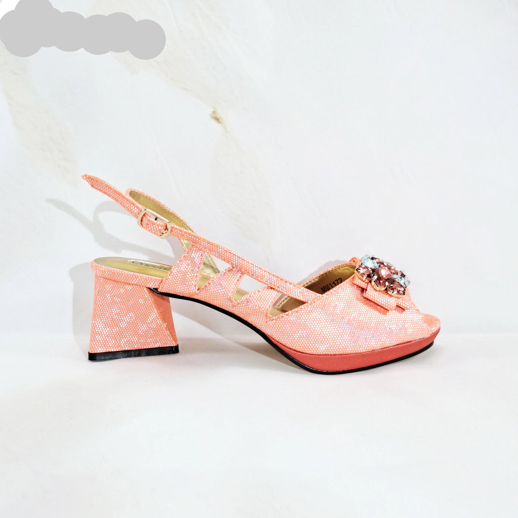 New-Season Peep Toe Ladies Elegant Coral Color Diamond-Embellished High Heels Italian-Designed Shoe and Handbag Set