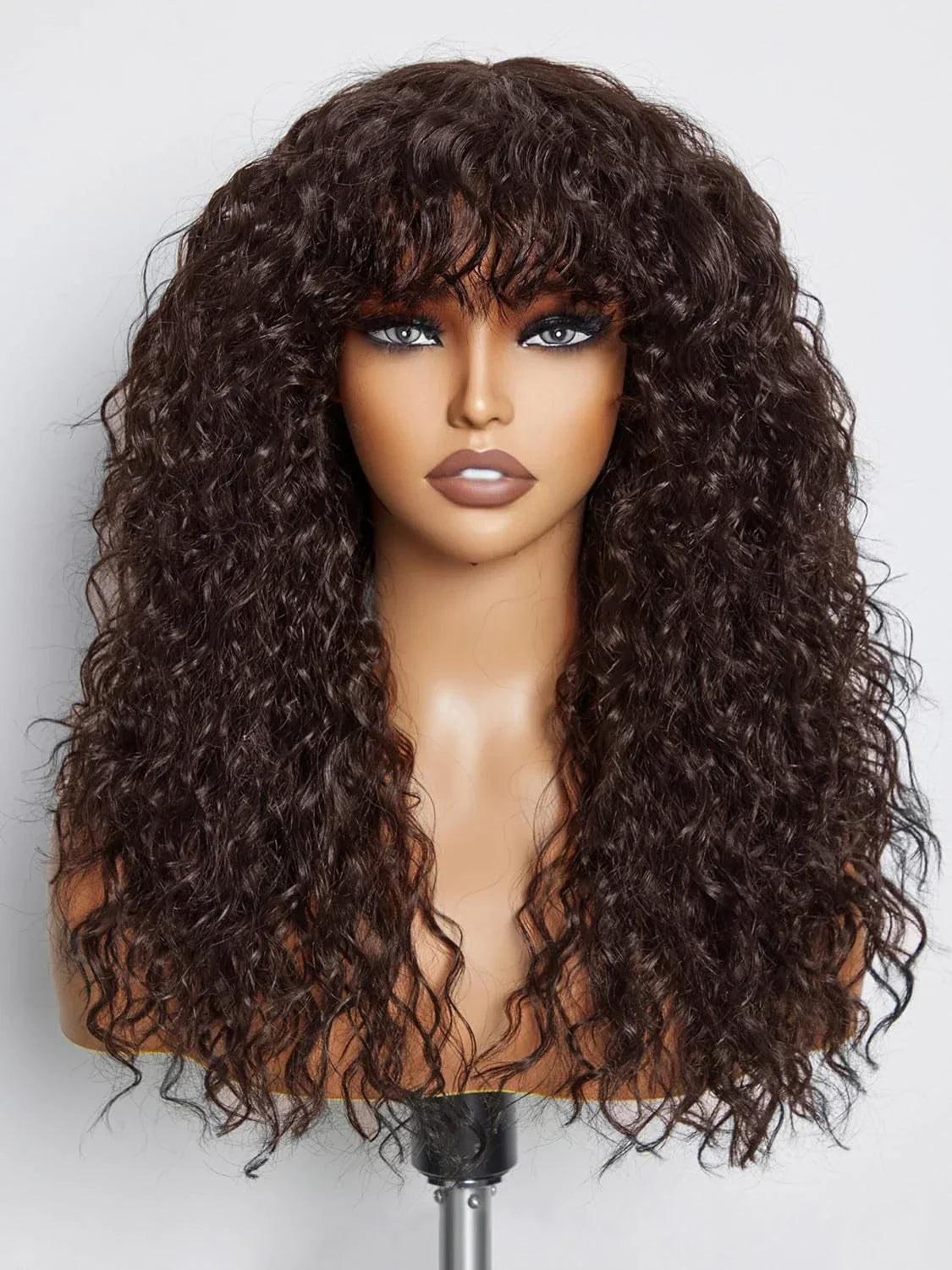 100% Human Hair Wigs with Bang Full Wig Brown Black Highlight Water Wave