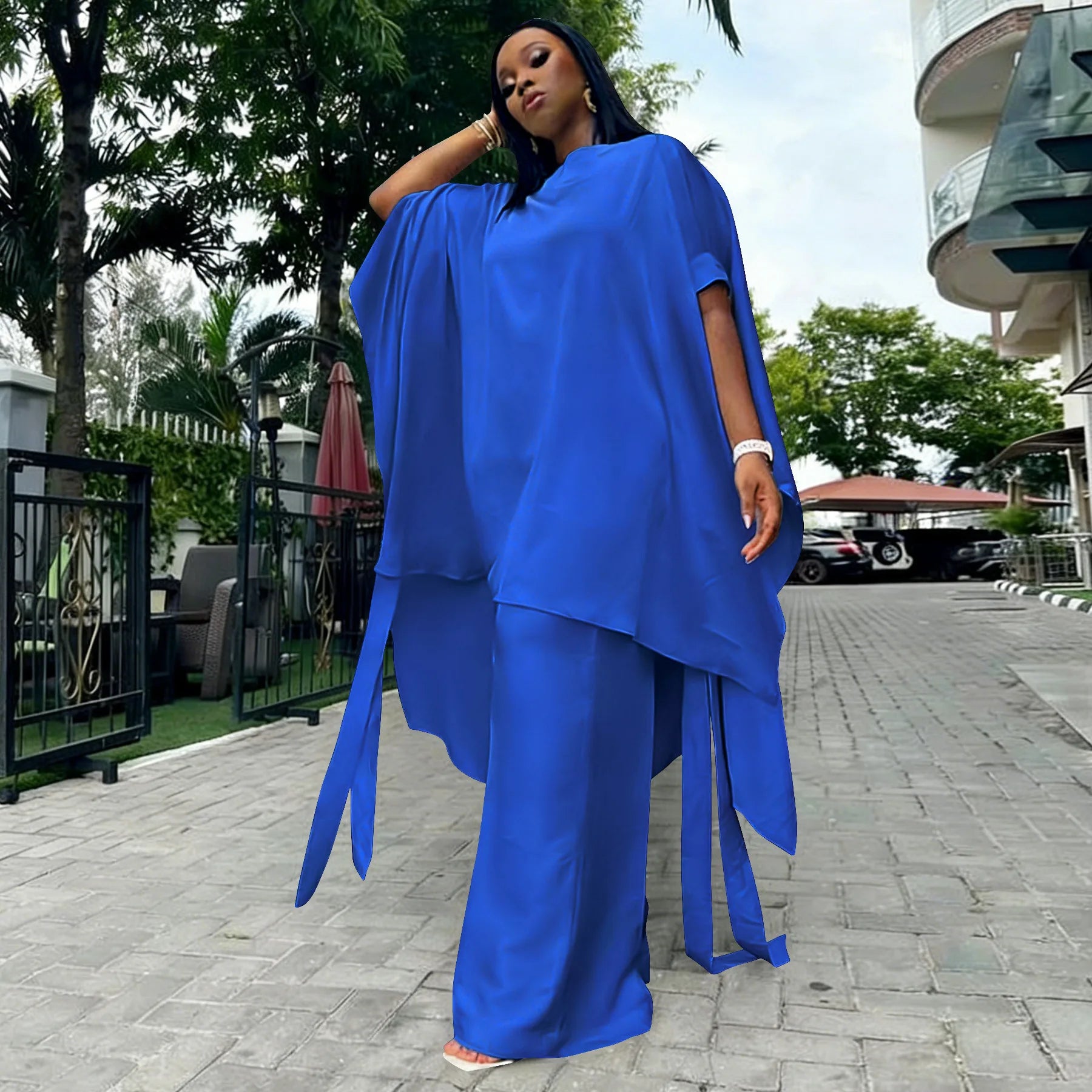 Plus Size Summer N8172 Silk Satin Set Design Shoulder Shawl Top Wide Leg Pants Outfit Elegant Street Style for Women Universa...