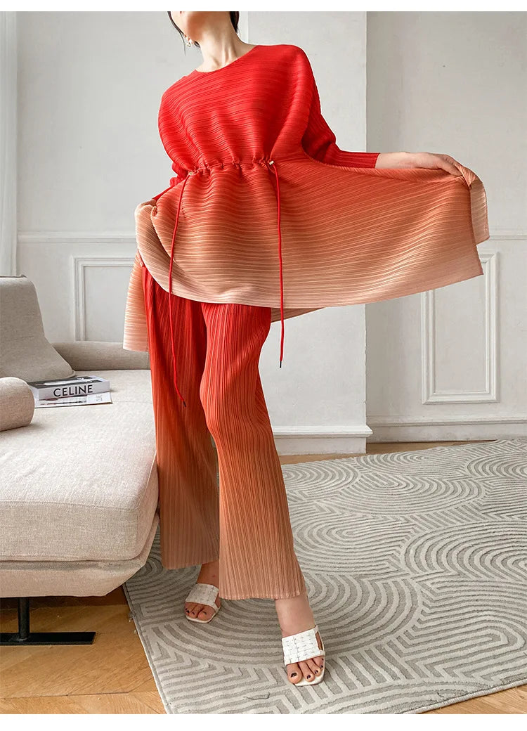 Miyake Fold Suit for Women 2024 Spring Summer Loose Foreign Style Two-piece Fashion Meat Shield Wide-leg Pants Two-piece Set