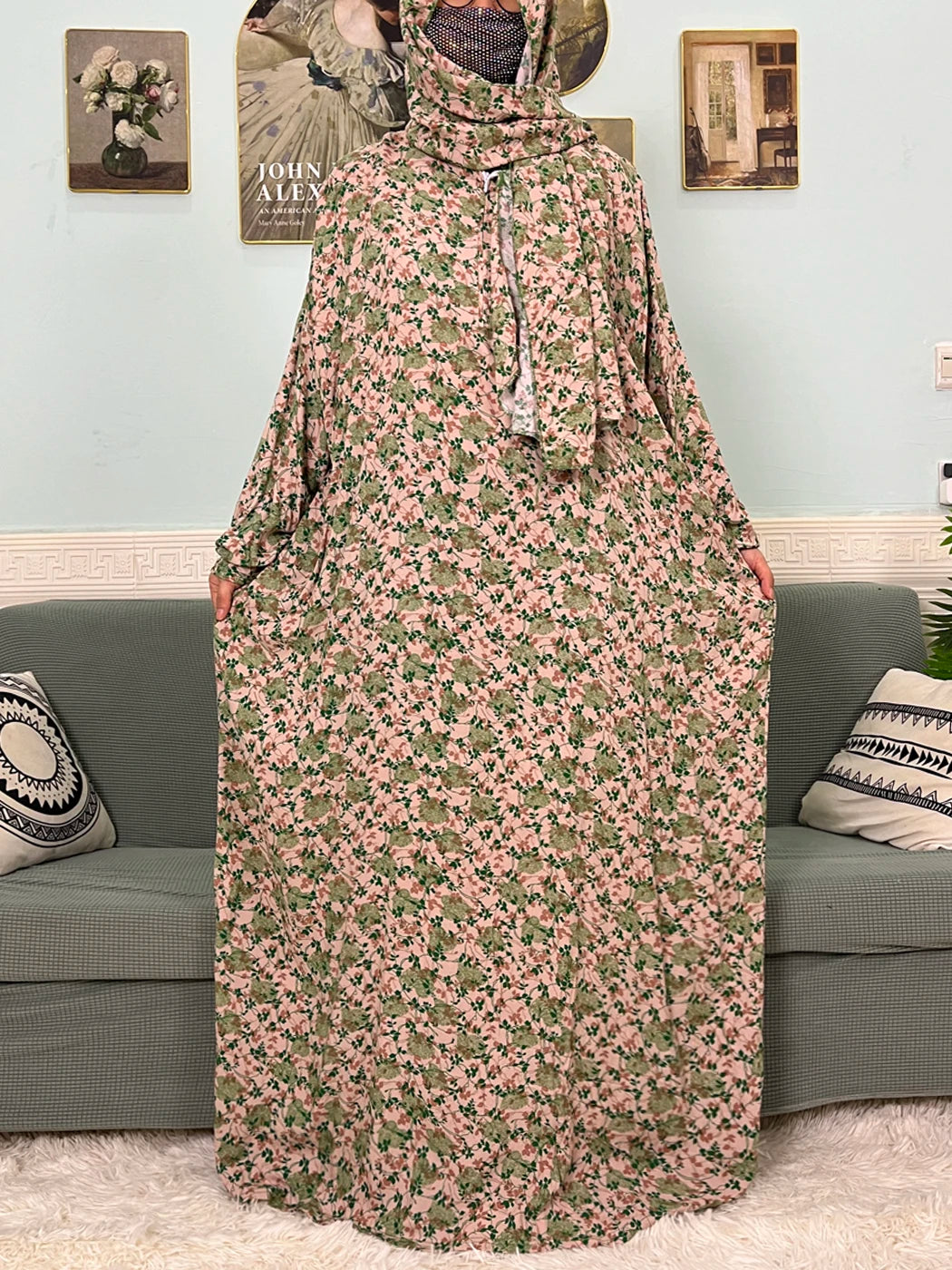 Women's Traditional Floral Ramadan Muslim Cotton Abayas Garment with attached Headscarf
