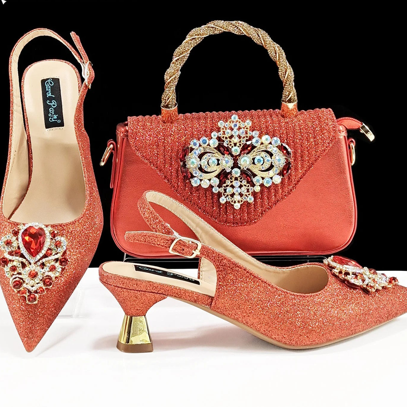 Italian Design Girly Style Silver Color Pointed Toe Wedding Shoes And Bag Full Diamond Decoration Handle Bag