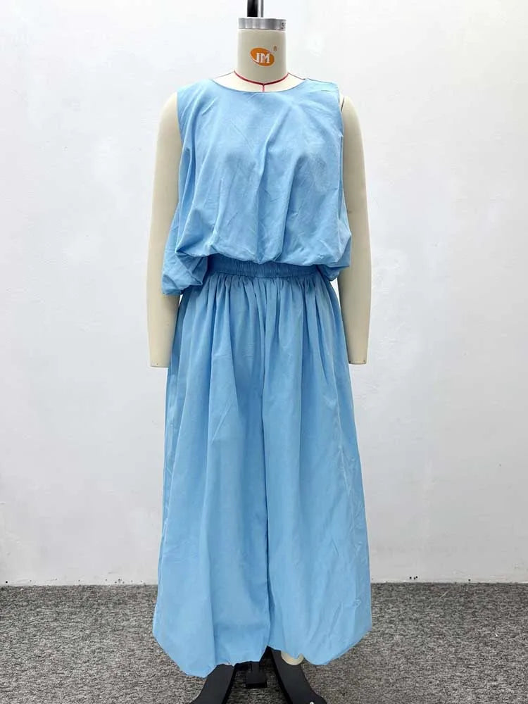 Women's Elegant Two Pieces Sky Blue Sleeveless Top and Wide Leg Pant Casual Loose Fit Summer Outfits Knit Pants Set