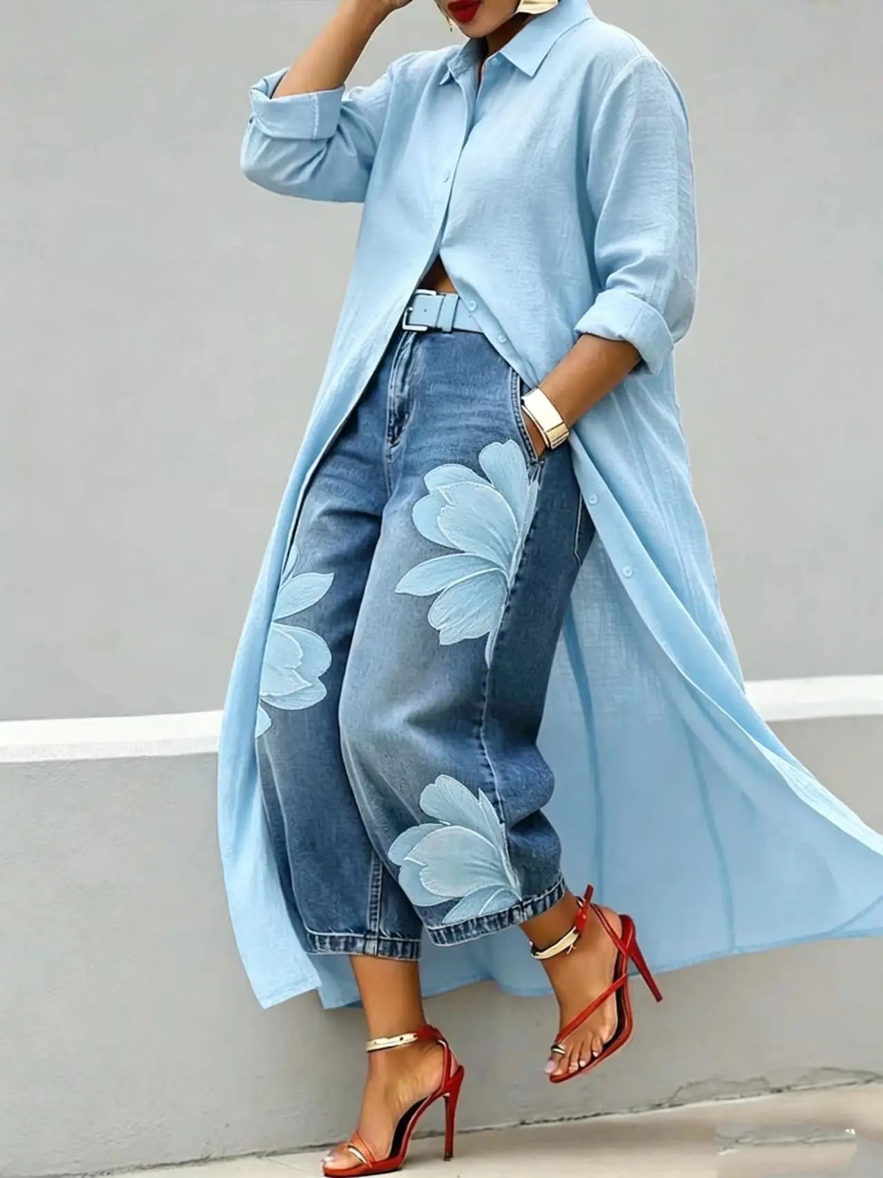 Casual Plus Size Shirt for Women's Longline Button Down Shirt Long Sleeve Loose Fit Maxi Tunic Blouse Open Front Cardigan Top
