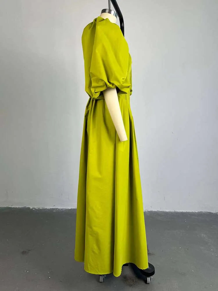 Women Ruched Sleeves Spring High Waist Elegant Slash Neck Long Sexy Green Dress