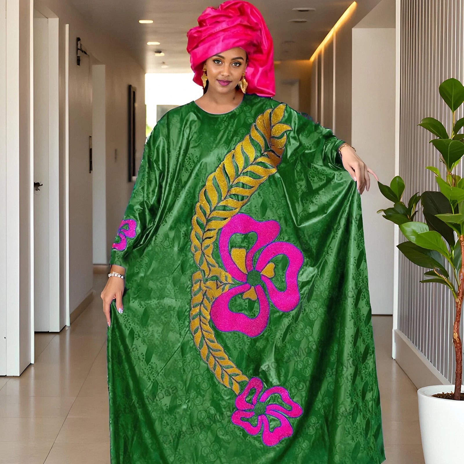African Dashiki Dress For Woman Bazin Riche Embroidery Deisgn Long Dress With Scarf