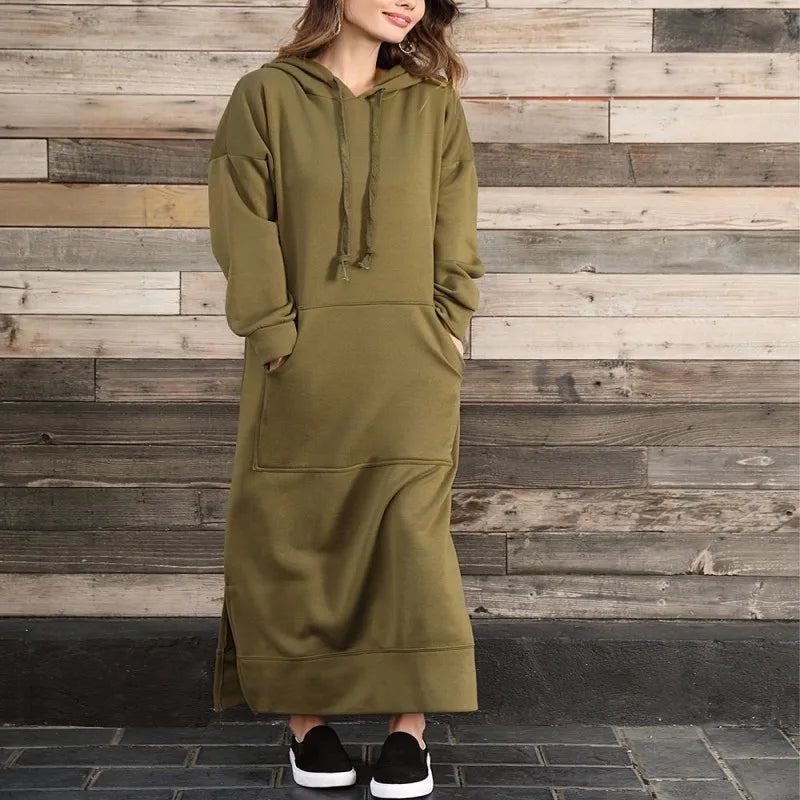 Women's Hoodie Midi Dress | Lace-Up Hem Casual Sweatshirt Long Dress | HotTrendyPicks