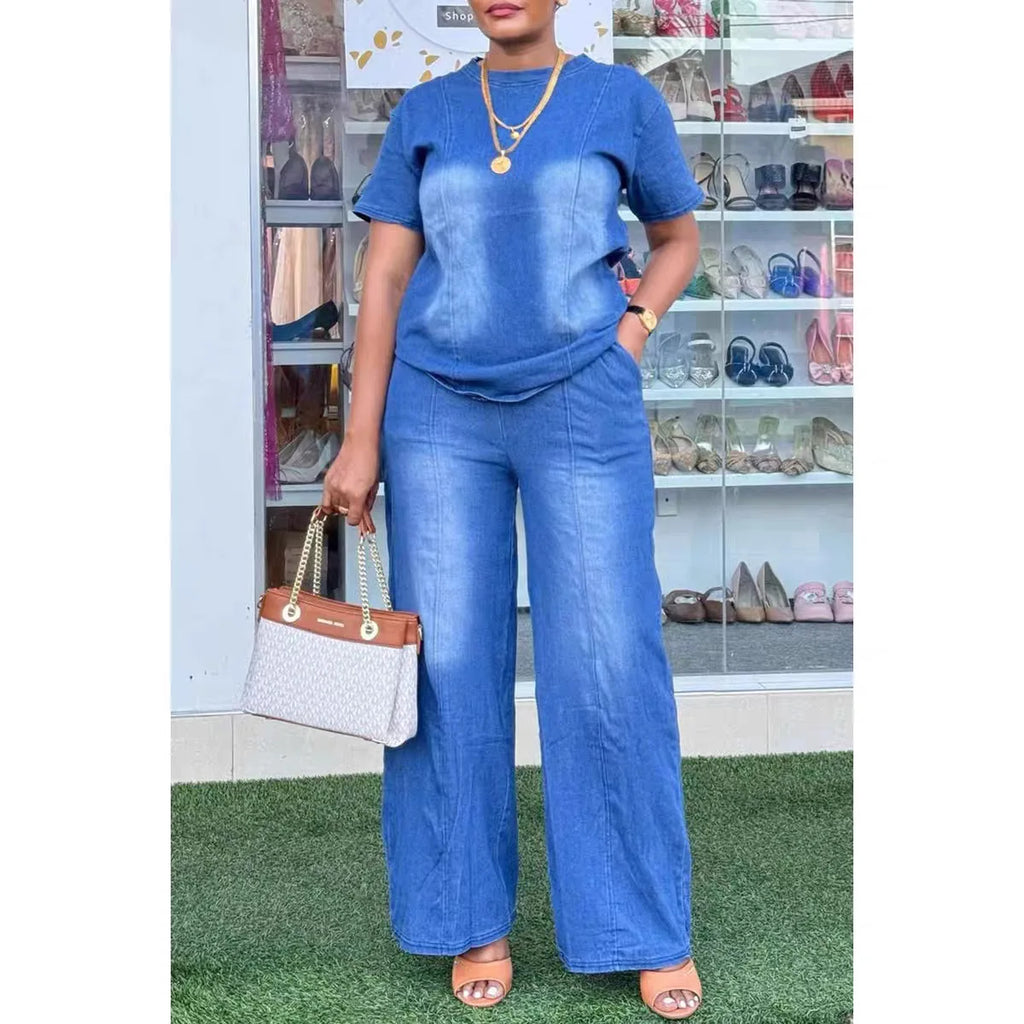 Women's Denim 2-Piece Set | Wide Leg Pants & Short Sleeve Top Streetwear | HotTrendyPicks