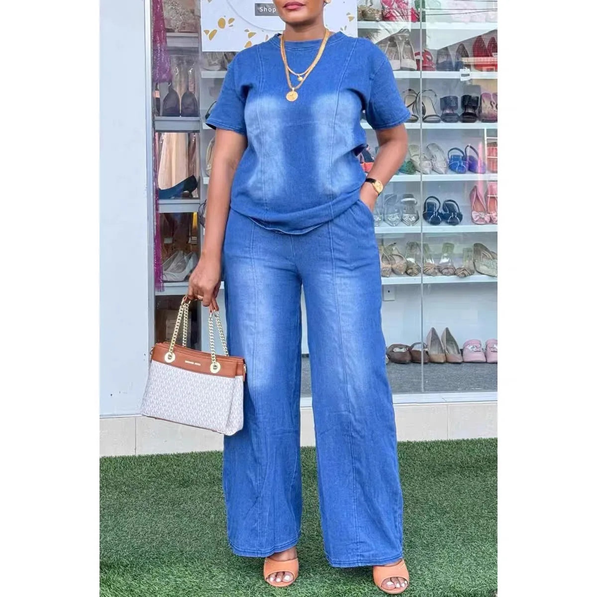 Women's Denim 2-Piece Set | Wide Leg Pants & Short Sleeve Top Streetwear | HotTrendyPicks