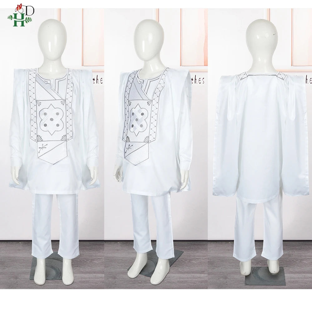 Boys White Blue Long Sleeve Tops Embroidery Dashiki Robe Shirt And Pant Set 3 PCS
