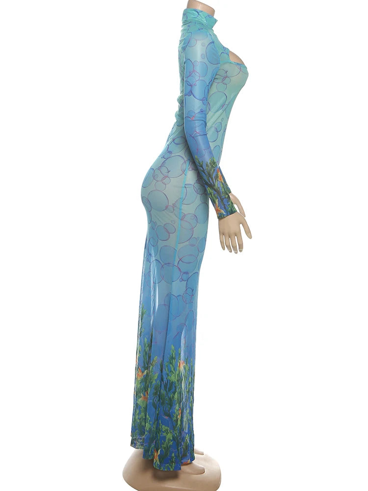 kliou Mesh Panelled Women Maxi Dress Sexy Stunning Point Print Full Sleeve O-neck Sheath Robe Mujer Hipster Festival Party Frock
