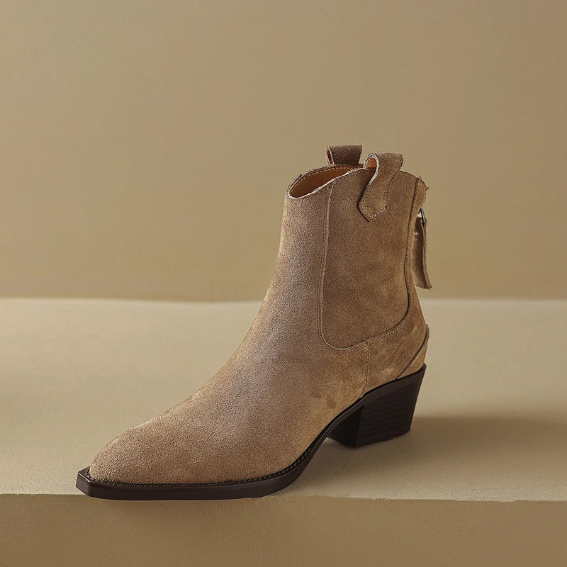 New 2025 Trend Autumn Cow Suede Women Western Boots Black Brown Khaki Chocolate Green Burgundy Pointed Toe Ladies Ankle Boots