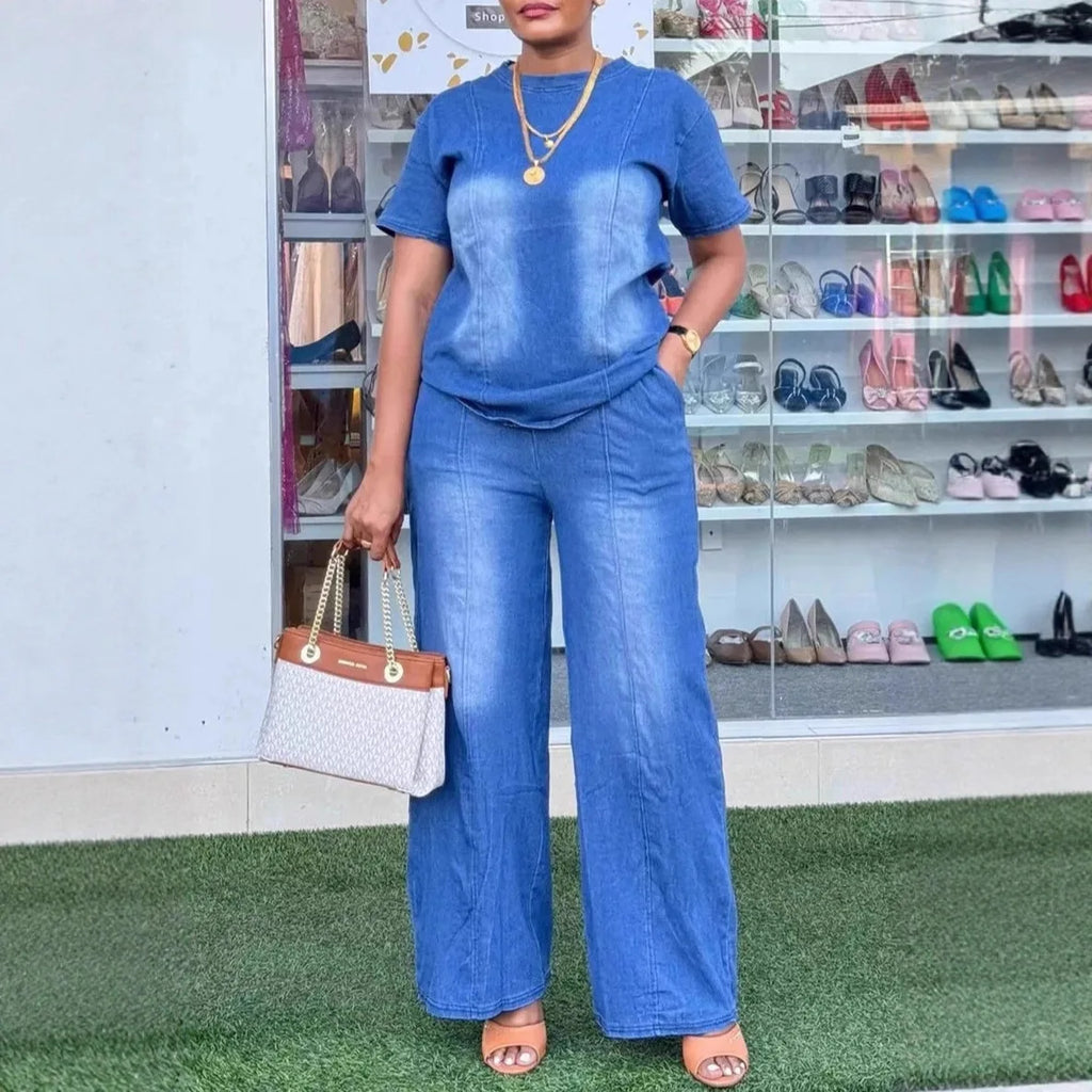 Women's Denim 2-Piece Set | Wide Leg Pants & Short Sleeve Top Streetwear | HotTrendyPicks