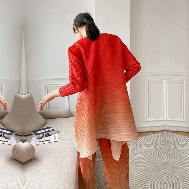 Miyake Fold Suit for Women 2024 Spring Summer Loose Foreign Style Two-piece Fashion Meat Shield Wide-leg Pants Two-piece Set
