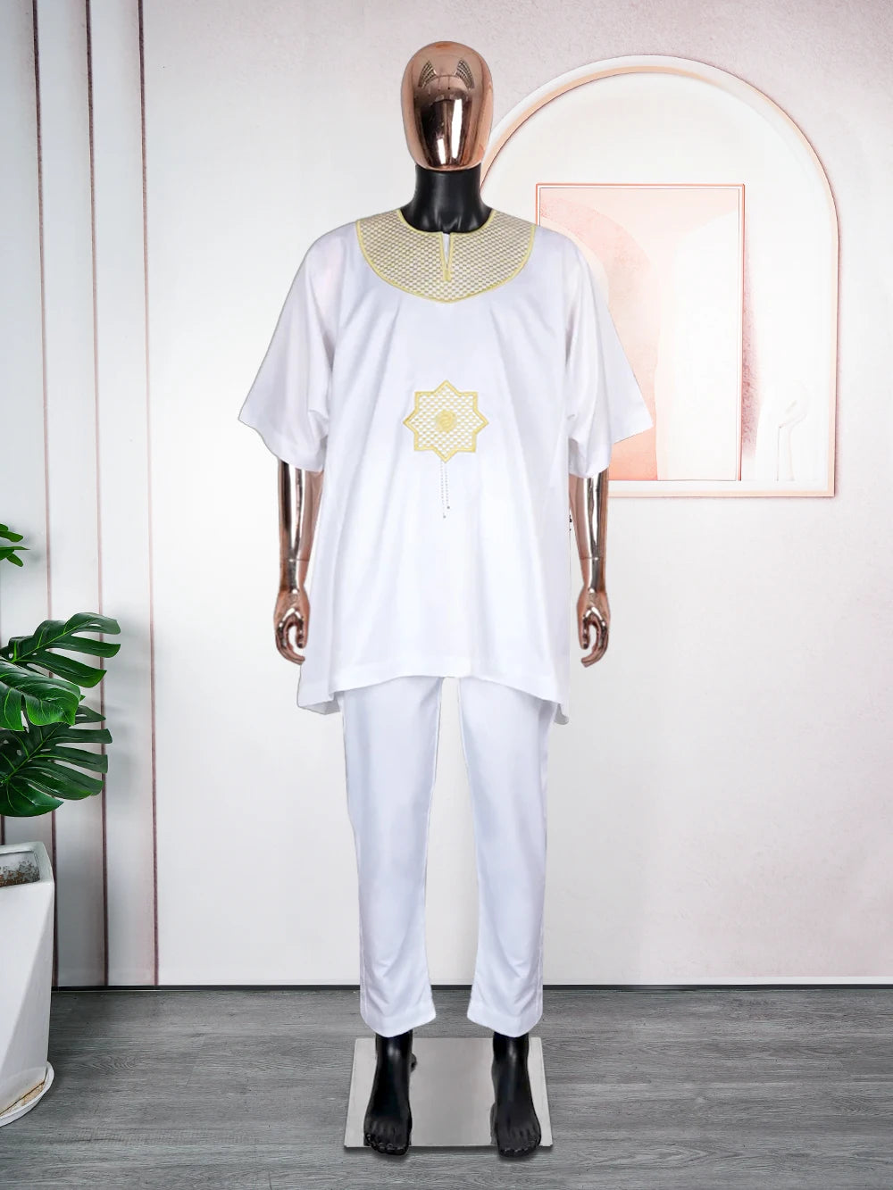African Clothes for Men 2 Pieces Set Blue Embroidered Tops and Pants Traditional Clothing Rich Bazin