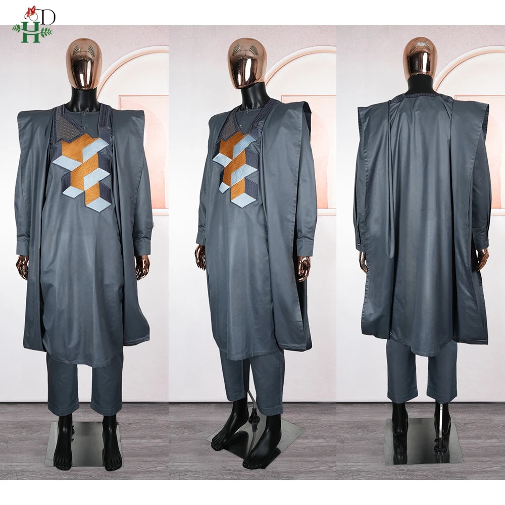 Men's 3-Piece African Embroidery Set | Gray Plus Size Traditional Wear 2025