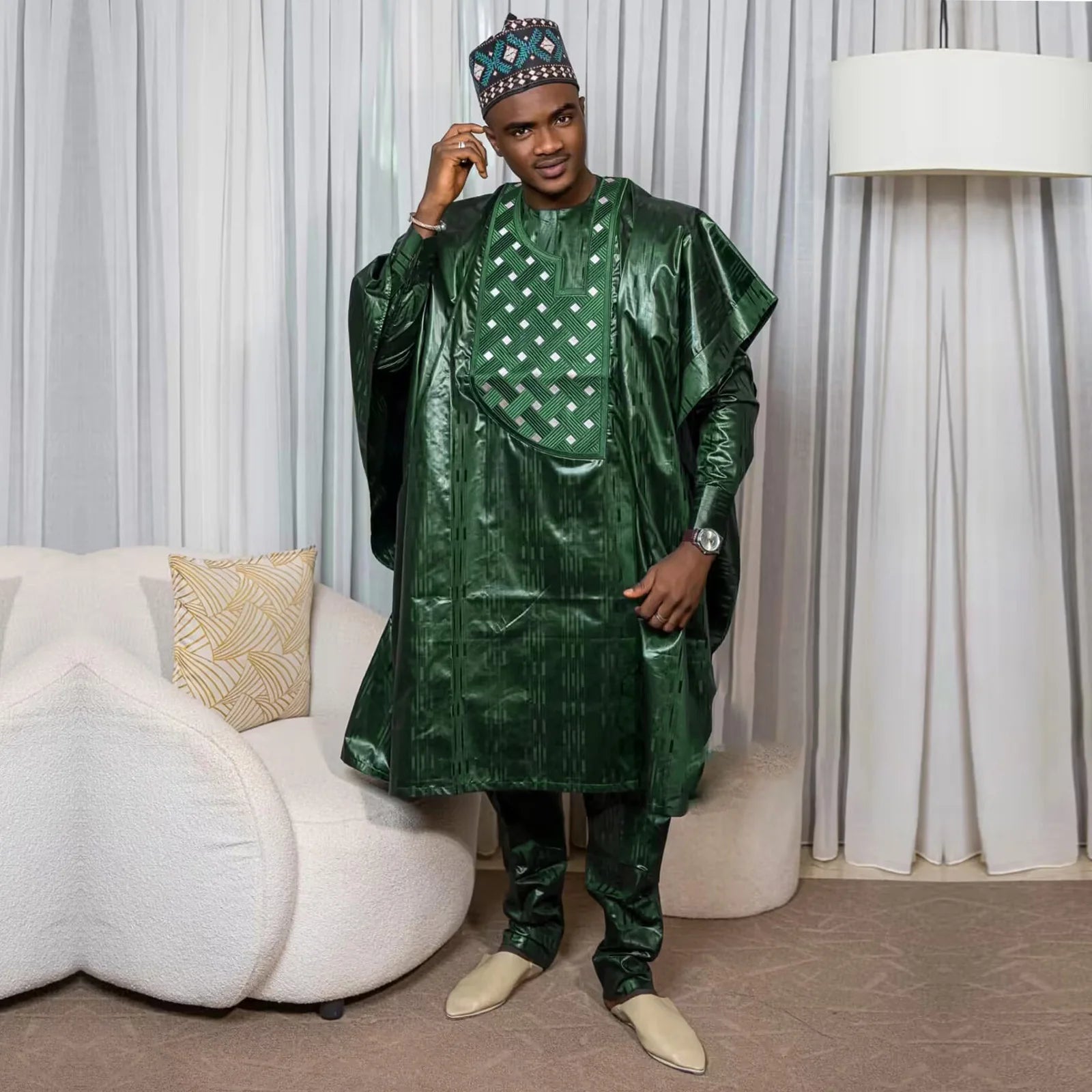 African Bazin Riche Embroidery Dress & Men's Top with Trousers Set | L–5XL