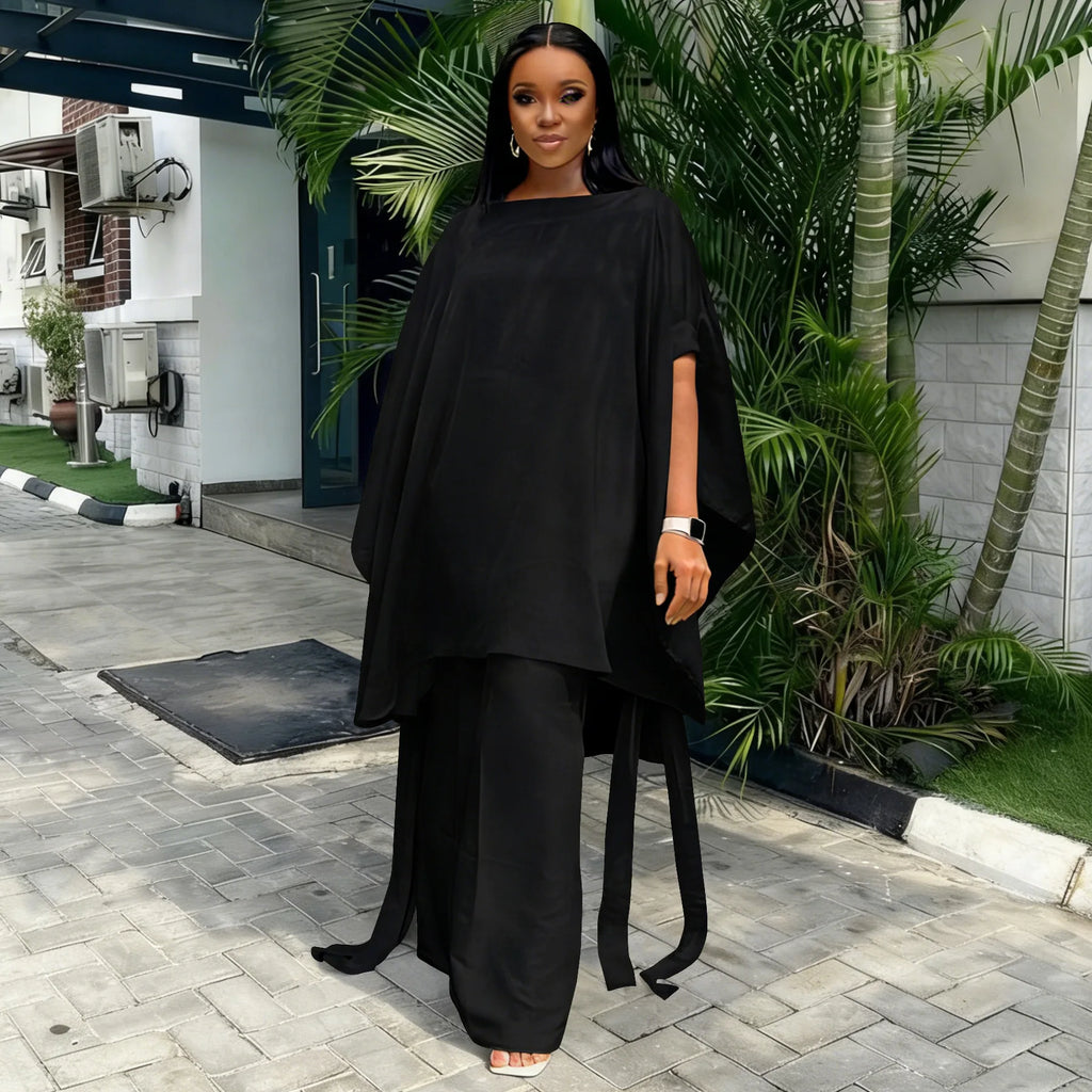 Plus Size Summer N8172 Silk Satin Set Design Shoulder Shawl Top Wide Leg Pants Outfit Elegant Street Style for Women Universa...