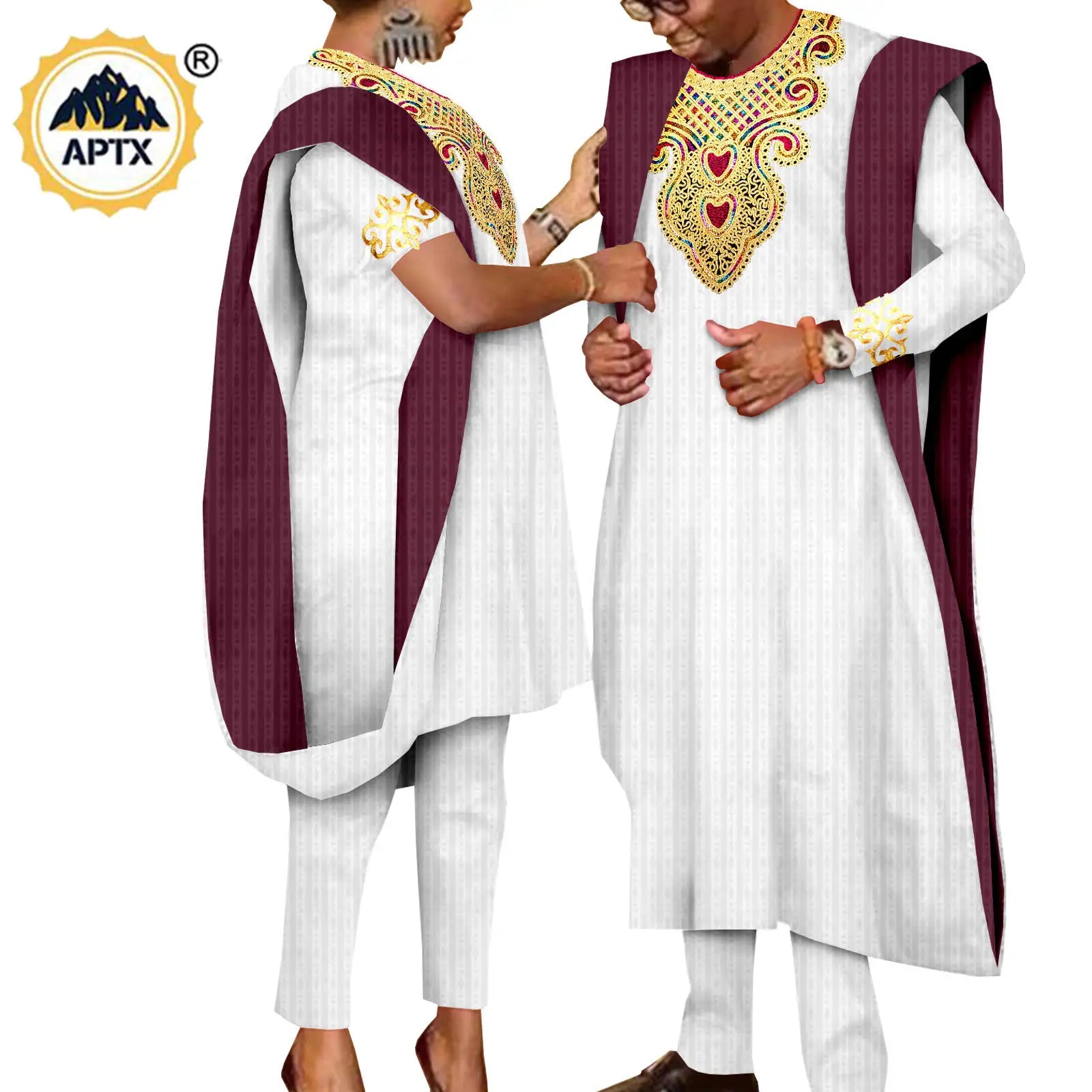 African 3 Pieces Suit for Men Matching Couple Outfits Agbada Dashiki Women Muslim Sets Bazin Riche Applique Robes Asoebi Y23C029