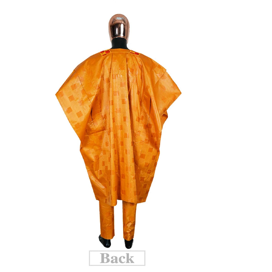 African Men's Traditional Agbada Sets 3PCS Yellow Bazin Riche Embroidery Wedding Party Couple Suits boubou